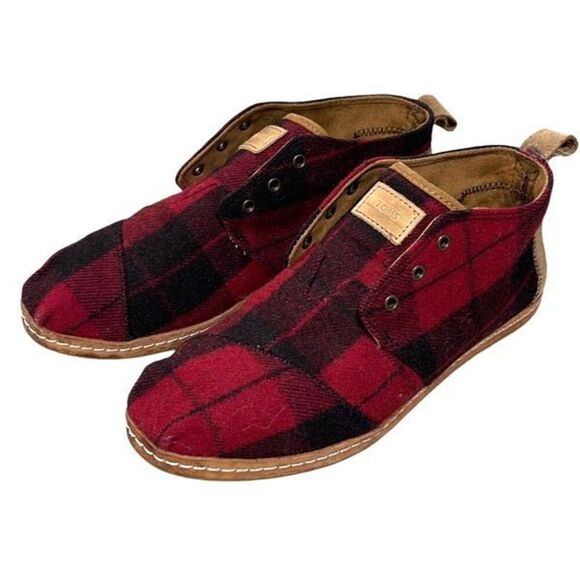 Toms Womens Plaid Felt On Leather Flannel Mid Top Bota Boots Red Black Size 8 - Picture 1 of 8